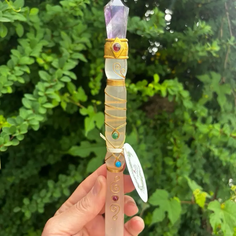Handmade Selenite-Amethyst Crystal Wand - Wire Wrapped Ritual Tool for Meditation, Altar Decor