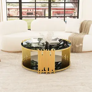 High Quality Modern Minimalist Light Luxury Stainless Steel Circular Coffee Table - Black Tempered Glass Countertop, Anti-Slip Pads, Anti-Slip Design, Metal Base, Solid Frame, Easy Setup, Indoor Living Room Furniture