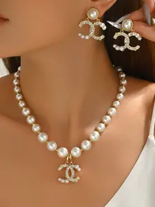 Women's Necklace Set, Geometric C-Shape Diamond Design Earrings Long Pearl Chain, Elegant Jewelry Gift for Her