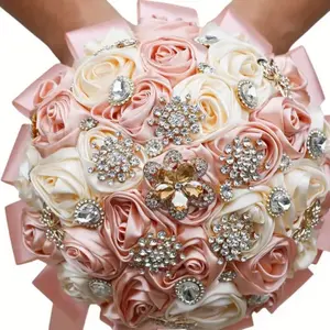 Artificial Flower Bouquet for Quinceañera or Bride with Elegant Brooches and Soft Pink and Cream Roses