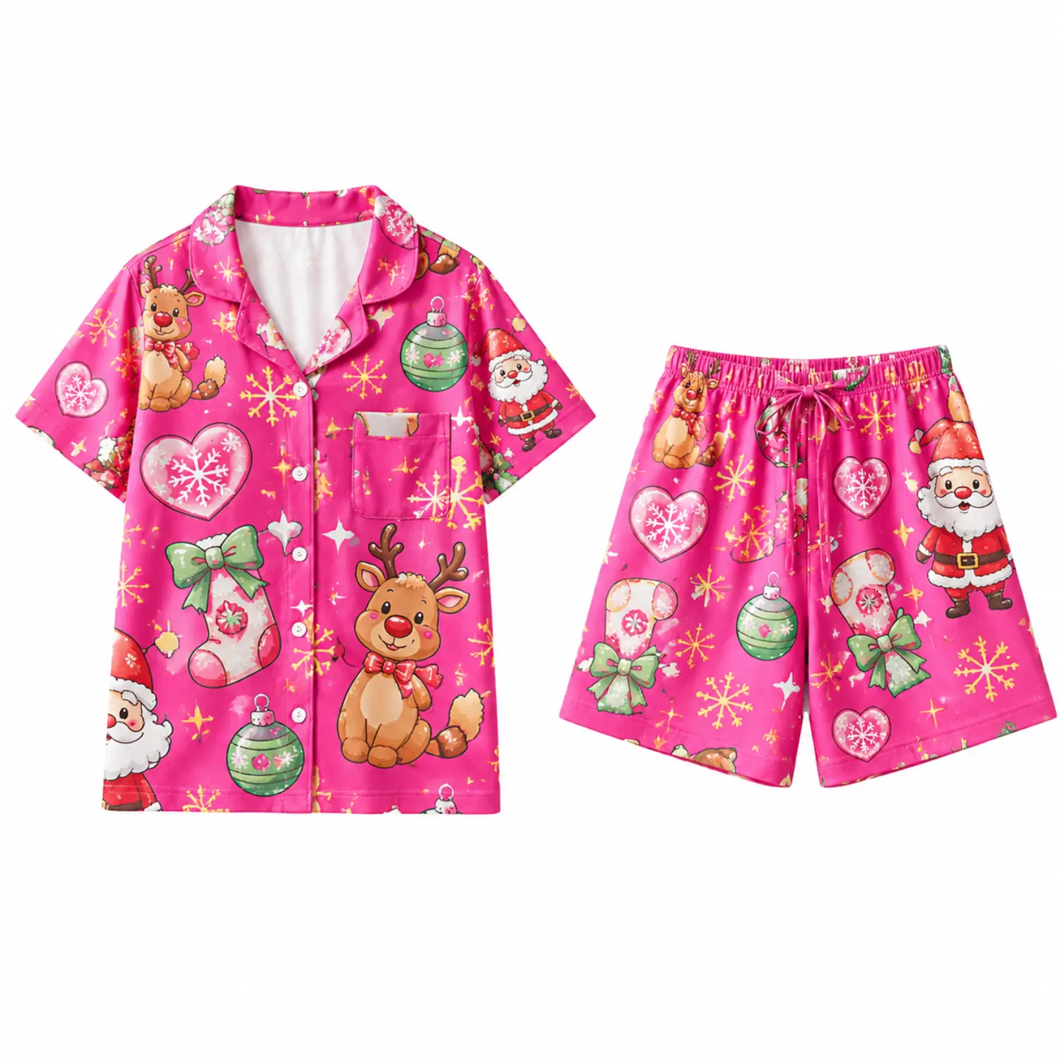 Christmas Print Pink Short Sleeve Button Front Pajama Set with Elastic Waist Shorts and Holiday Cartoon Graphics