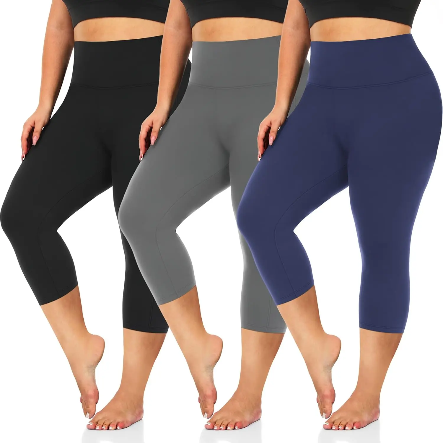 Women's Plus Size 3-Pack Capri Leggings - High Waist Tummy Control Tummy Tuck Shapewear, 4-Way Stretch Polyester Blend Female Gym Sportswear Bottoms, Black Sporty Chic Workout Pants, Fitness Yoga Pants, Compression Leggings, High-Elastic Leggings
