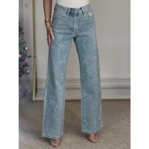 High-Waisted Straight Rhinestone Washed Blue Denim Long Pants for Streetwear and Slim Waist Look