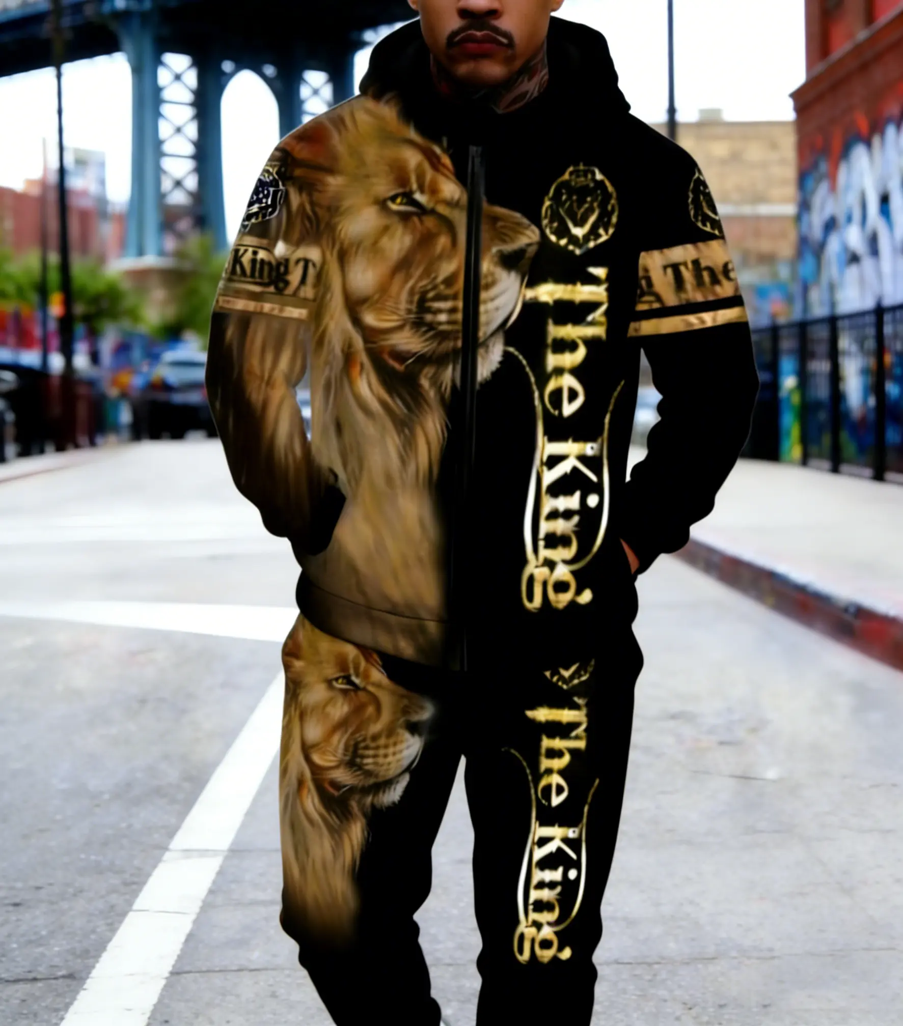 Set "Lion" Men's Printed Casual Hooded Zip Long Sleeve Sweatshirt and Sweatpants Set, Fall/Winter, Sportswear Set