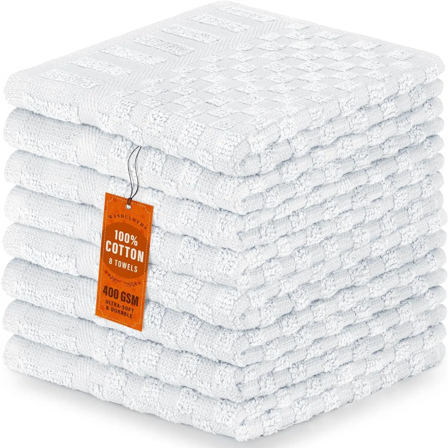 8-Pack 100% Cotton 12x12 in Jacquard Washcloths, Luxurious Soft, Water Absorbent, Machine Washable White Home Supplies for Party Gifts, 12 X 12 Inch