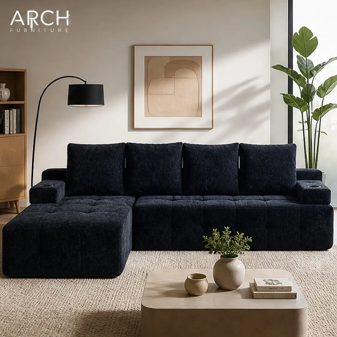 Modern L-Shaped Sectional Sofa with Wireless Charging USB Ports Bluetooth Speaker Cup Holder Side Pockets Reversible Chaise Chenille Fabric 4-Seat Soft Foam Couch for Living Room Apartment Black, Black Color Options, Fabric Material