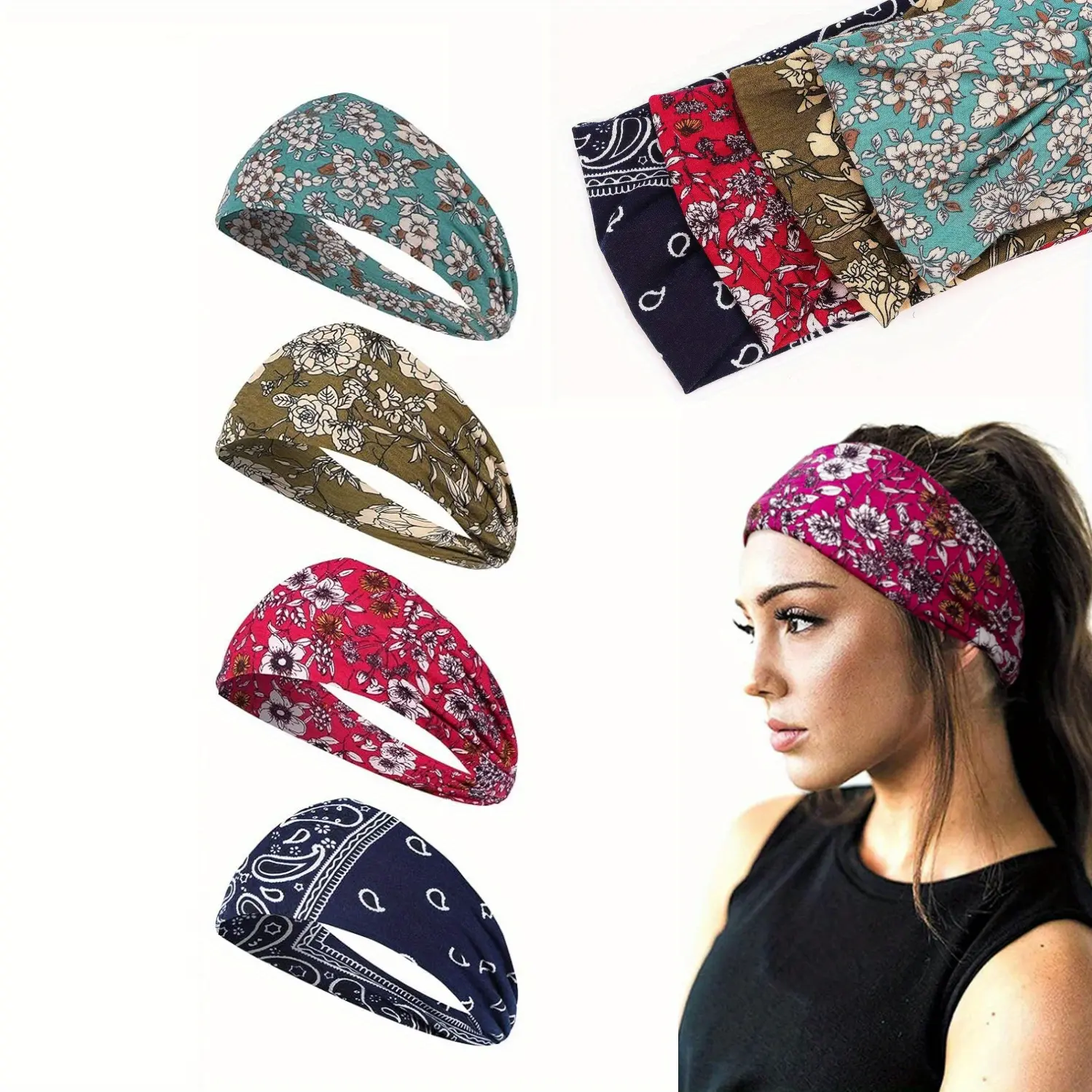 4PCS Wide-Edge Anti-Slip Sweat Absorbing Headband, Colorful Printed Fashionable Hair Accessory for Yoga/Running (Party Hats, Masks & Accessories Category)