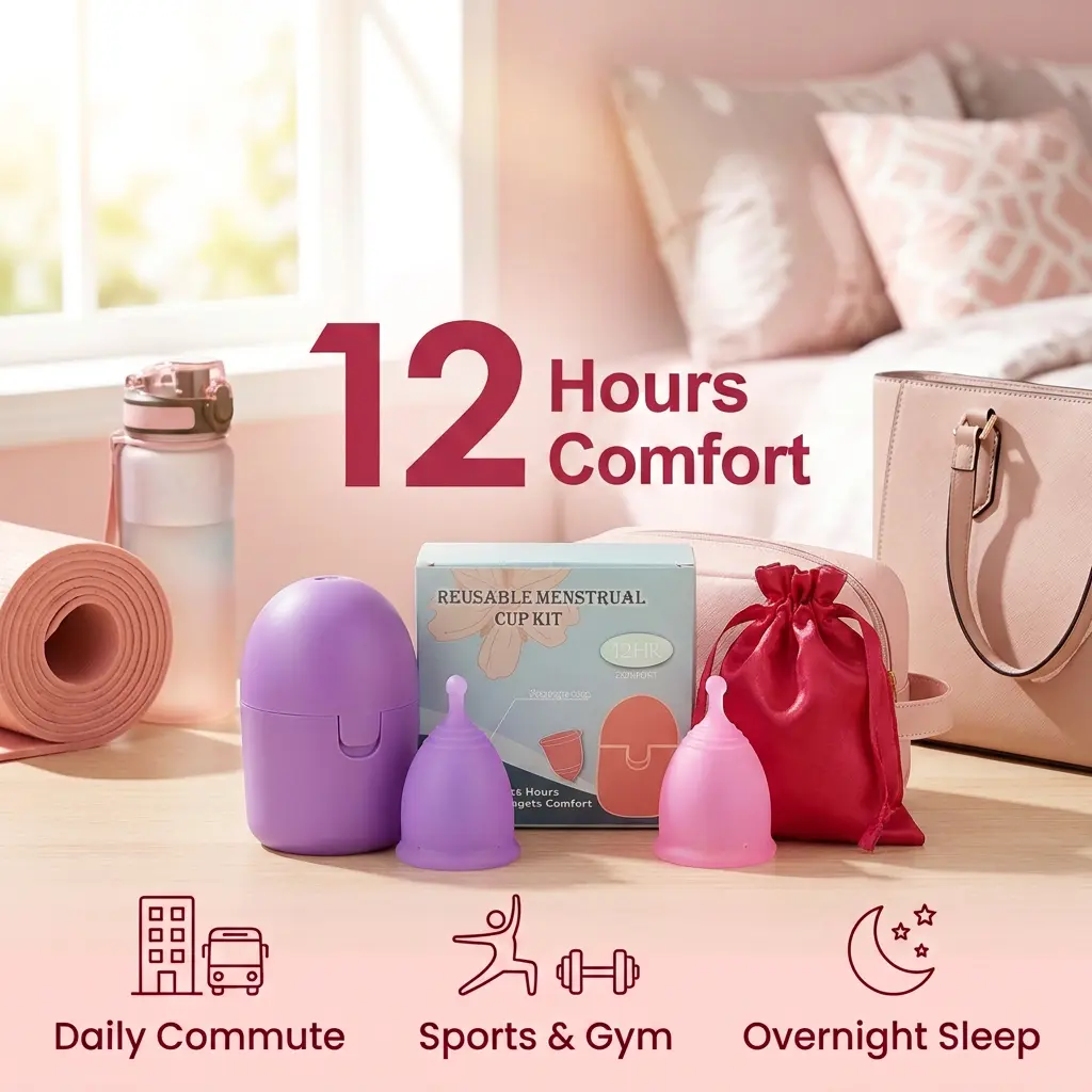 Reusable 2-Size All-in-1 Menstrual Cup Kit - Medical-Grade Silicone (S+L), Storage Box & Pouch Included, 12-Hour Leak-Free, Boil/Microwave Sanitizable - Ideal for Commuting, Workouts