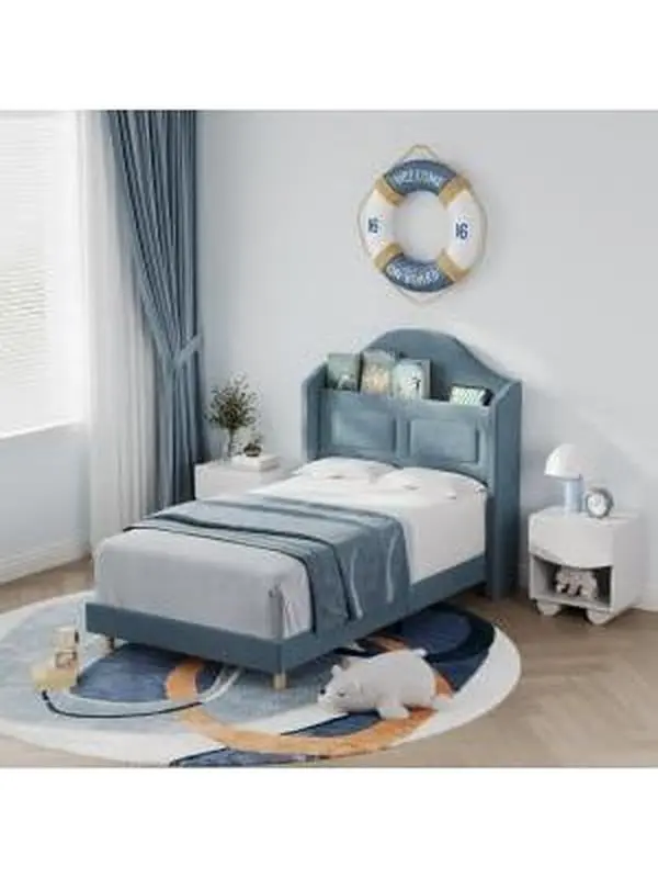 Garvee 2-Pack Upholstered Velvet Princess Twin Bed Frame with LED Lights and Wingback Bookcase Headboard, Platform Bed for Youth, Noise-Free, Elegant Blue Finish