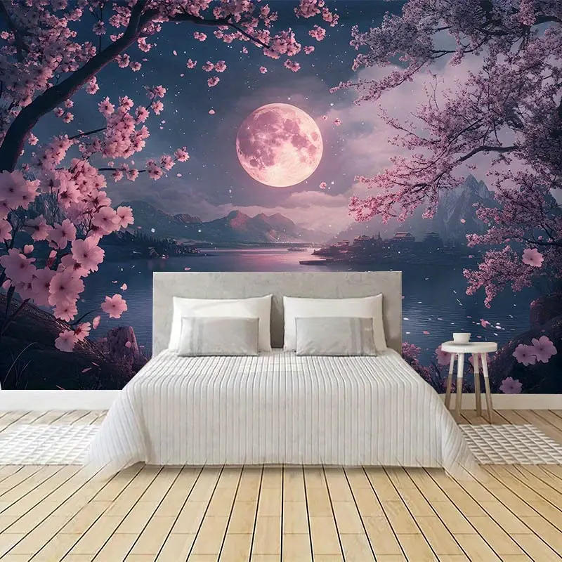 Night Sky Cherry Blossom Polyester Tapestry - Retro Hippie Decor, Vintage Asian Style Peach Fabric, Durable Machine-Washable Sun Protection Animal-Themed Wall Art, Living Room Wall Decor, Family Graduation Gift, Animals