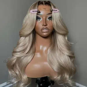 Ombre Ash Blonde Brown Roots Human Hair Wigs 13X6 Body Wave HD Transparent Lace Ombre Blonde Colored Lace Front Wig With Adjusted Strap 180% Density
