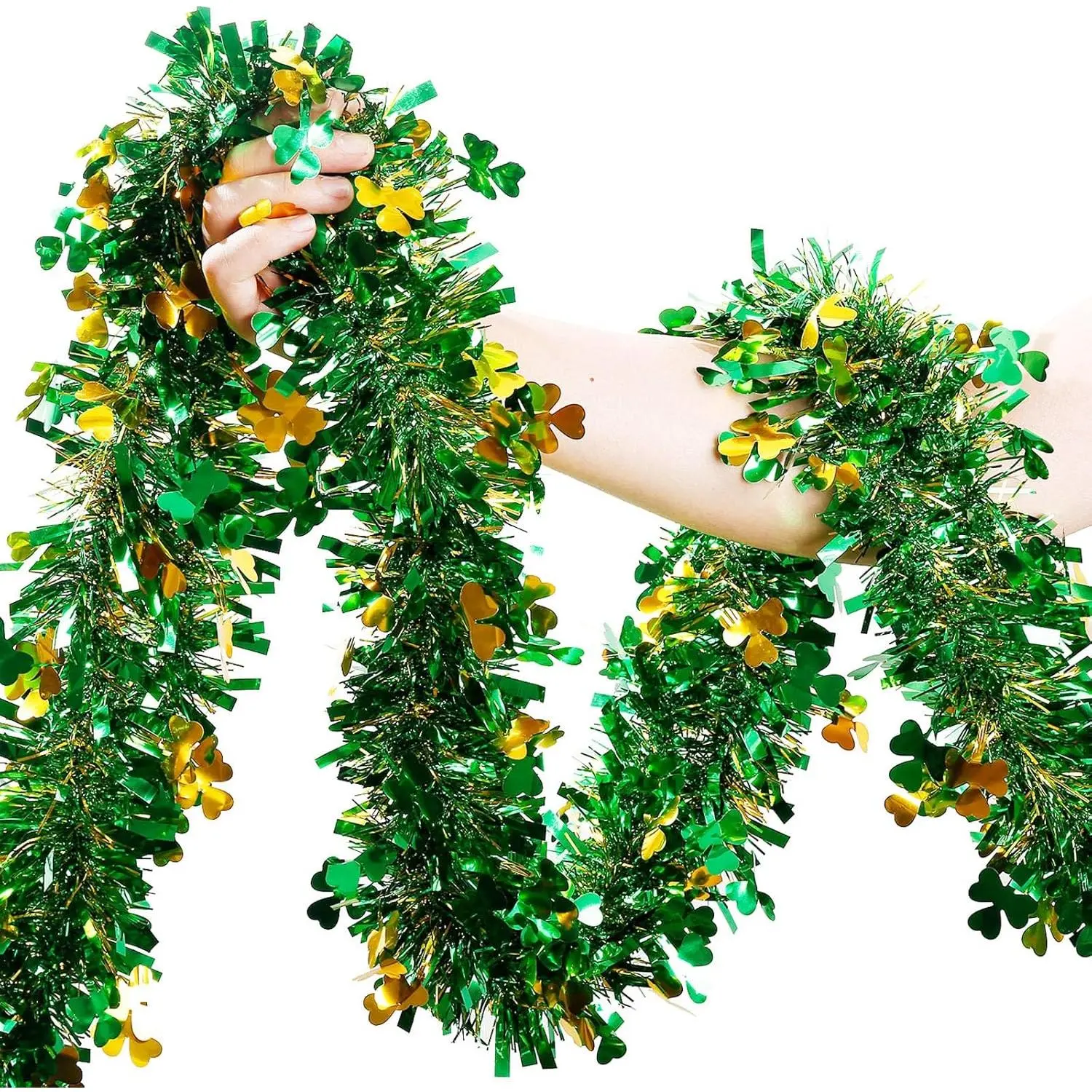 50Ft (15Meters) Lightweight Metal St. Patrick's Day Shamrock Garland Decor, Green Gold Glitter Tinsel, Festive Home Party Tree Mantle Doors Decoration, Ideal Indoor Gift