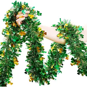 St Patricks Day Garland Decor,50Ft Glitter Tinsel Irish Shamrock Garland Decorations for Tree Mantle Bedroom Office Classroom Party Indoor Outdoor Holiday Home Green Gold