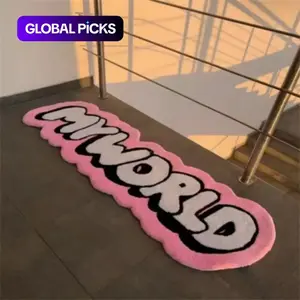 Pink Girly Bedroom Decor Plush Carpet Fluffy Bedroom Rug: Trendy Personalized MY WORLD Letter Runner Rug for Living Room & Bedside, Modern Minimalist Mat for Lounge & Cloakroom #GLOBAL PICKS