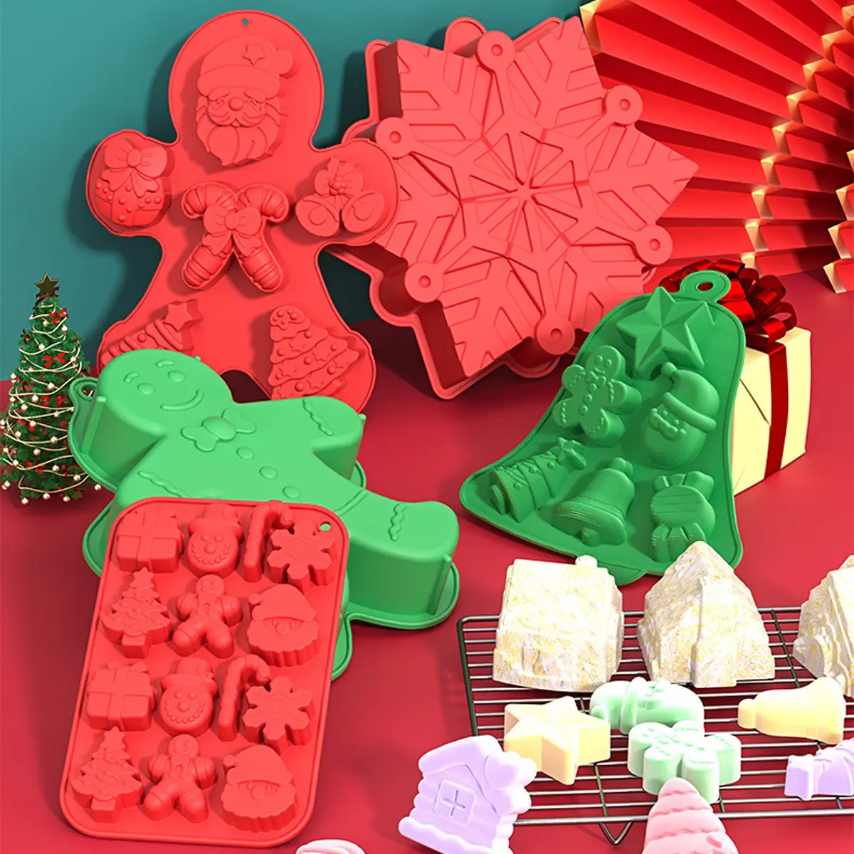 3D Christmas Tree Snowflake Snowman Food Grade Silicone Mold Set, Non-Stick Baking Molds for DIY Chocolate Candy Soap Cookies Jello Cakes Ice Cubes
