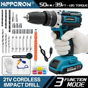 HIPPCRON 21V Cordless Impact Drill Driver Kit, 50N·m 25 GEARS+3 FUNCIONS Torque Settings with 3/8" Keyless Chuck, 800mAh Fast-Charge Battery & LED Light, Compact Professional-Grade Tool for Home Improvement & Auto Repair