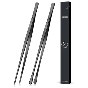 2 Pcs 12-inch Cooking Tweezers Tongs Precision Serrated Tips, Stainless Steel Professional Chef Tweezer Kitchen Tools for BBQ, Plating and Serving (Black)
