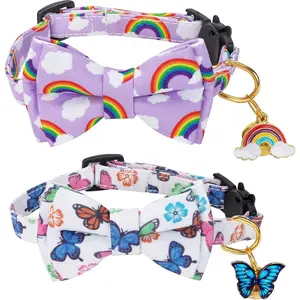 Breakaway Cat Collar with Cute Bow Tie Bell 2Pack Rainbow Butterfly Pattern for Male Female Soft Cotton Kitty Kitten Collar Cute Summer Collars Ideal for Girl Cats Boy Male Cats