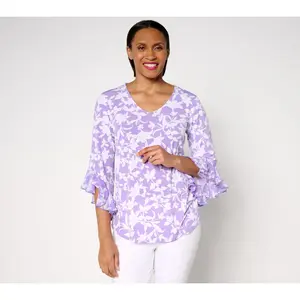 Susan Graver Printed Liquid Knit Top with Chiffon Ruffle Sleeve