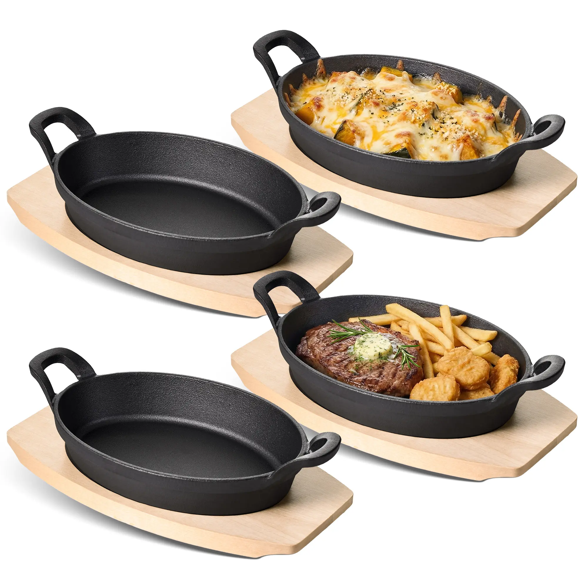 Sturdy Durable Heavy-Duty Cast Iron 4-Pack Sizzler Plate Set - Thermal Cooking Oval Steak Serving Pan, Pre-Seasoned Mini Skillet, Wooden Base