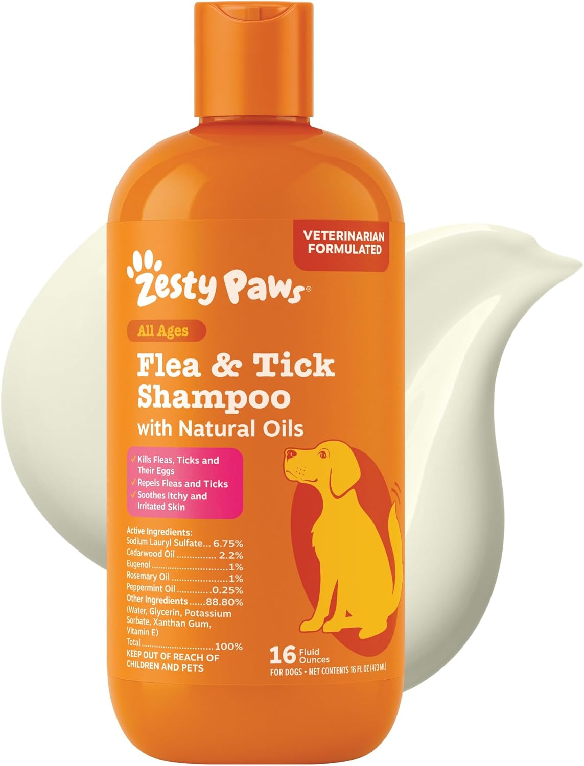 Zesty Paws Flea & Tick Removal Shampoo for Dogs - 16-fl oz Natural Soothing Deodorizing Cleaning Formula with Cedarwood Oil & Peppermint for Skin & Coat Care