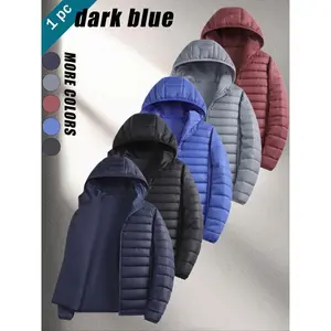 Men's Winter Lightweight Down Jacket, Hooded Stand Collar Coat, Casual Fitted Thick Fabric Outerwear for Fall & Winter