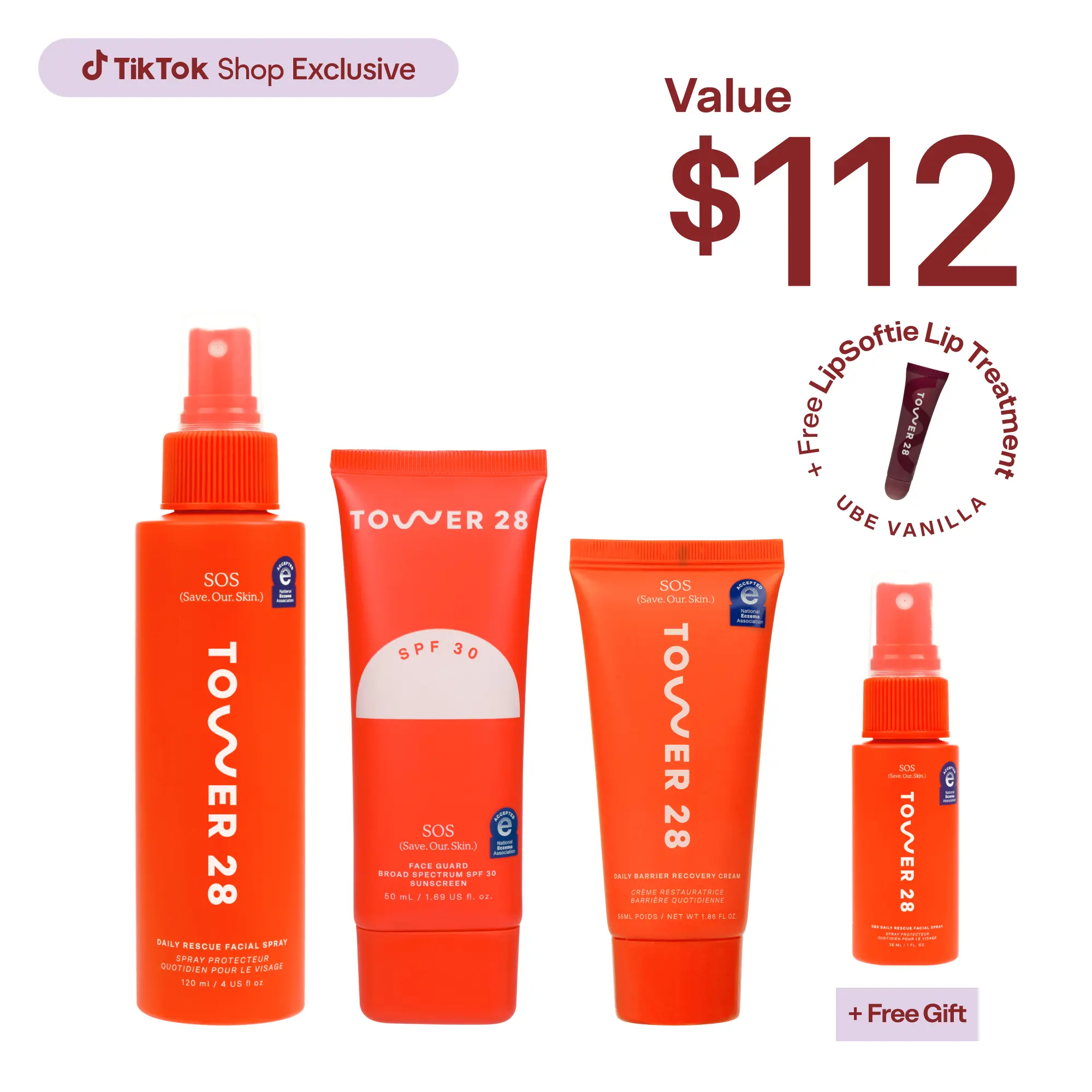 Tower 28 SOS Skincare Set: SOS Rescue Spray, Recovery Cream, Face Guard SPF 30 (+ FREE Mini SOS Rescue Spray + Makeup Bag)
