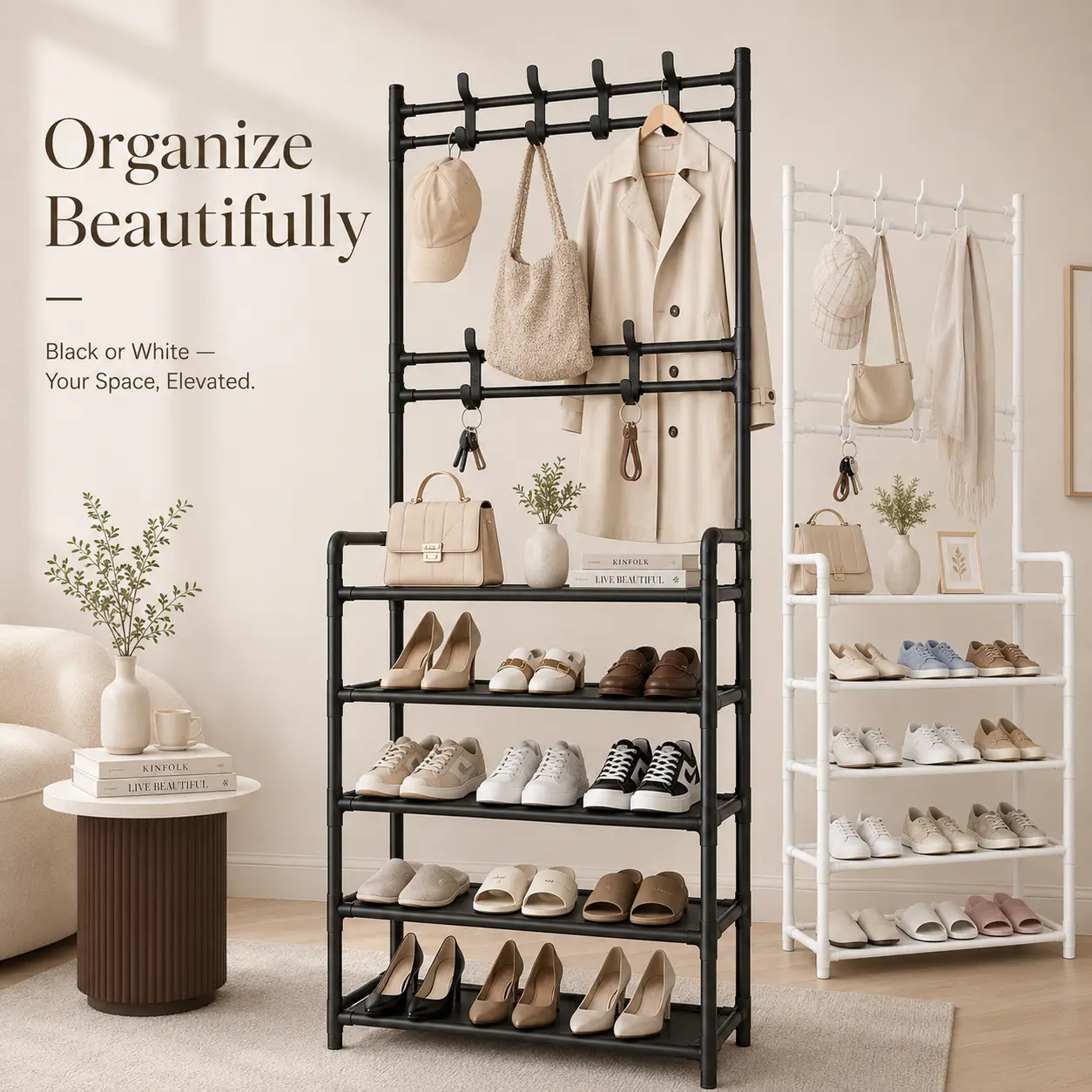 5-tier coat and shoe rack combo with 8 hooks, suitable for entryways, this shoe rack features a double-row storage design for homes, bedrooms, and offices. It is a freestanding organizer that can hold shoes, clothes, hats, and bags.