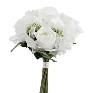 Admired By Nature 9-Stem Decorative Artificial Rose & Hydrangea Floral Bouquet - White Wedding Bridal Table Centerpiece for Vase Display