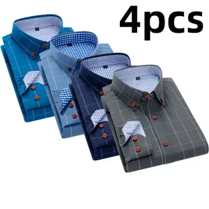 Men’s long-sleeve shirt with four plaid color-block panels, business-casual style. Button-down notched collar design for a sharp look, red buttons add refined details, blue-and-white plaid interior provides visual depth. Long-sleeve fit suitable for multi