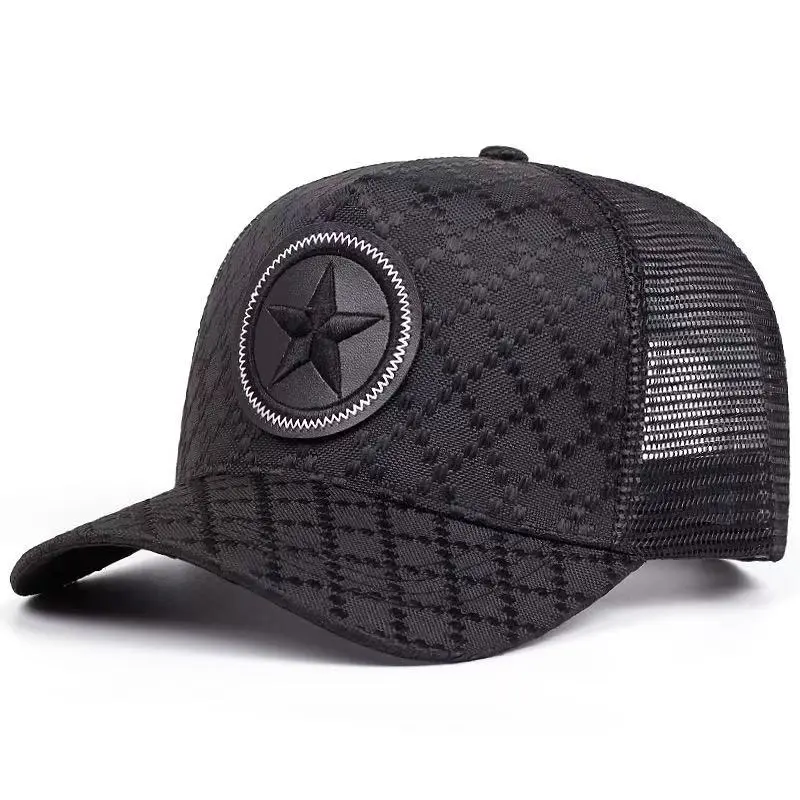 Men's 5-Pointed Star Circular Grid Graphic Trucker Hat, High-Quality Fashionable Business Style, Breathable Mesh, Adjustable, Unisex Wear, All Seasons, Standout Grid Look