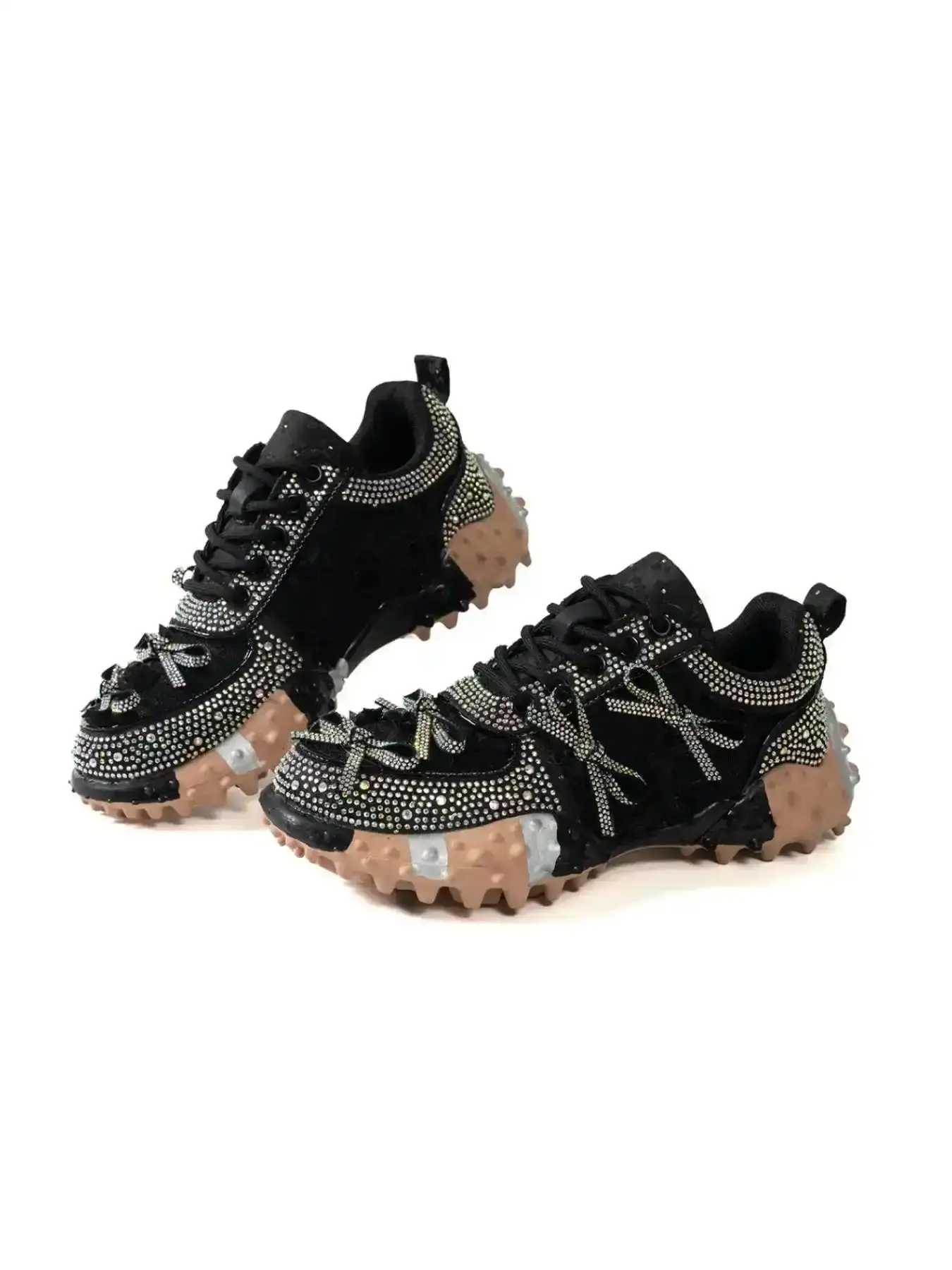 Sweet Cool Girl Style Rhinestone Lace Rose Bow Dad Shoes, Thick Rubber Sole Height Boost Slimming Anti-Slip Casual Streetwear Sports Shoes Women Sneaker Trainer Footwear, Trendy, Breathable