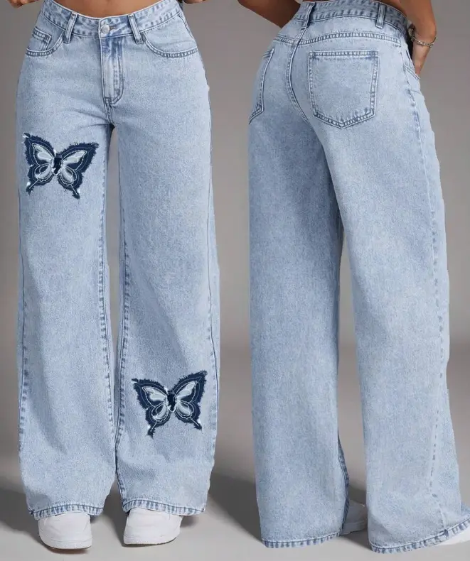 Women's Baggy Wide Leg Jeans with Asymmetrical Gradient Butterfly Print - Retro High Waist Soft Drapey Denim, Comfy Casual Streetwear, Oversized, Bottom, Matching