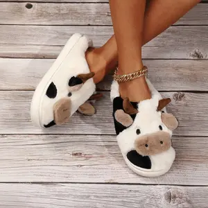 Cartoon Cow Cotton Slippers, Winter Indoor Outdoor Slippers for Women