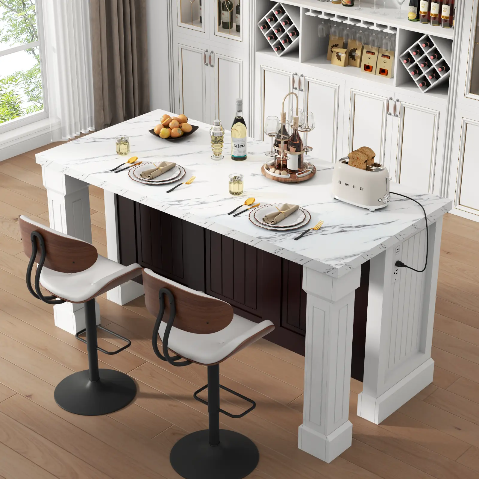 Gyfimoie Large Imitation Marble Bar Table with Roman Column,Island Table with Charging Station,Mordern Dining Table,Home Bar Unit