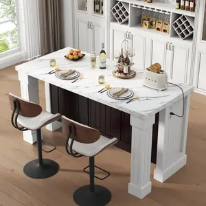 Large Imitation Marble Bar Table with Roman Column,Island Table with Charging Station,Mordern Dining Table,Home Bar Unit