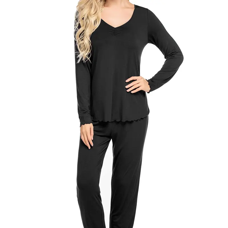 Ekouaer Women's 2-Piece Knit Pajamas Set - Long Sleeve Top & Bottom Nightwear, Pleated Deep V-Neck Casual Lounge Sweatsuit with Roll-Over Freedom, S-XXL Sizes for Birthday Gifting, Pleated V‑Neck