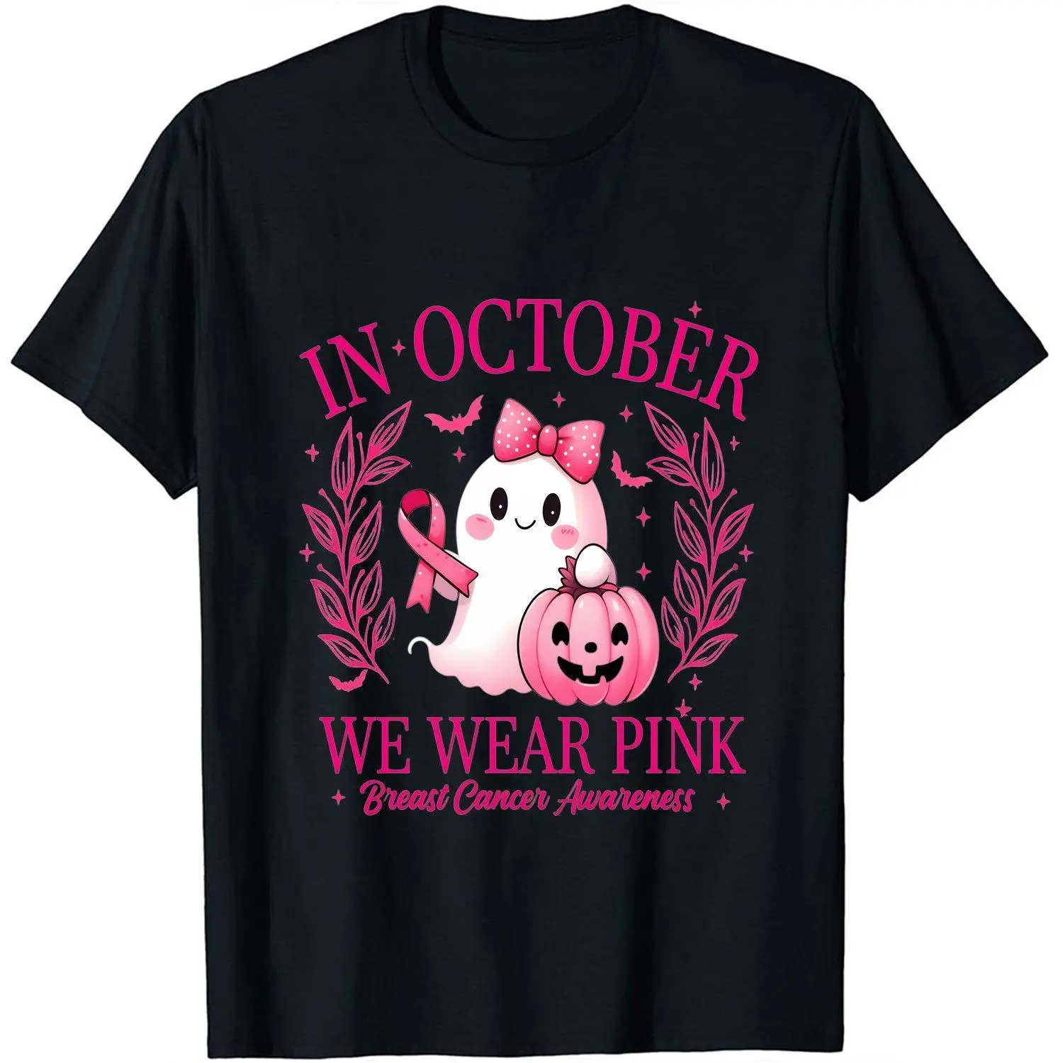 Unisex Washed Vintage Soft Comfortable Round Neck Short-Sleeve Casual T-Shirt - October We Wear Pink Ghost Boo Halloween Breast Cancer Awareness Graphic Top, Tops, Shortsleeve