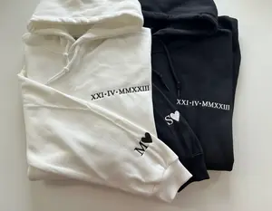 CUSTOM Roman Numeral Embroidered Matching Hoodie, Custom Anniversary Date Couple Hoodies, Custom Initials With Heart Sleeve Jumper, Boyfriend Gift