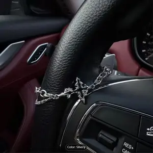 Silver Color Chain with Cross Pendant Car Steering Wheel Decor, Gothic Car Decoration, Unique Gift for Him or Her