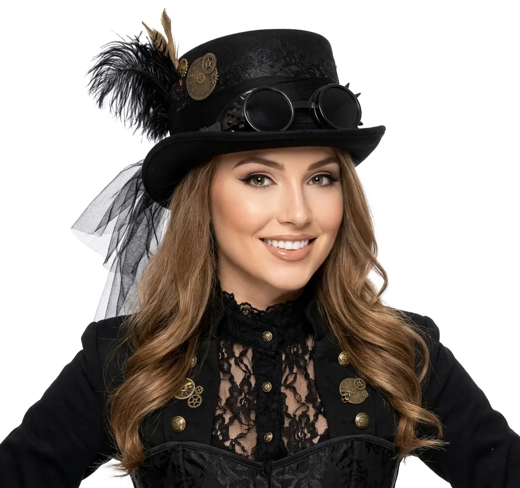 Black Steampunk Victorian Mad Hatter Scientist Time Traveler Top Hat with Goggles For Halloween