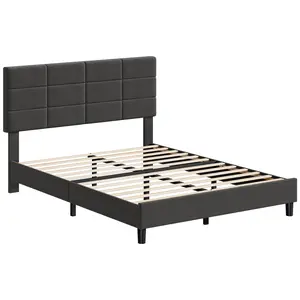 【Christmas Gift】Full Size Bed Frame with Adjustable Headboard Linen Upholstered Platform Bed with Wood Slats No Box Spring Needed Noise Free Easy Assembly Minimalist Design for Apartment Bed Room Light Gray