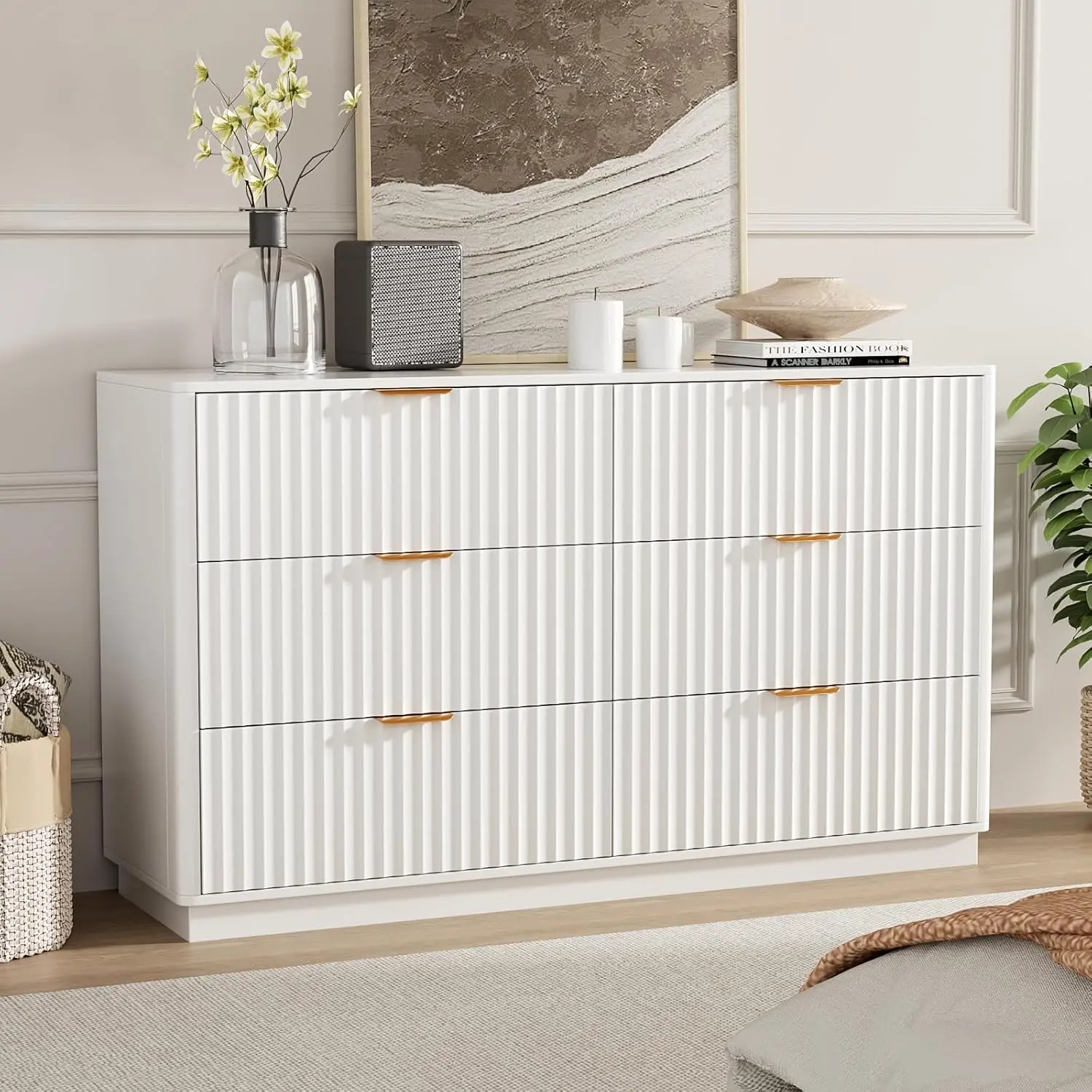 VOWNER 54" Wide Modern Fluted Wooden 6-Drawer Bedroom Dresser - Freestanding Cabinet with Metal Handles, Multiple Storage Drawers for Apartment Bedroom, Room Storage, Drawer Chest, Chest Of Drawers,dorm essentials,home decor