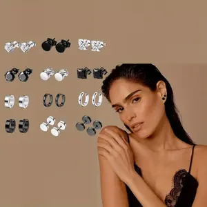 12 Pack Fashion Earring Set Stainless Steel Black Stud Earrings Beauty & Personal Care