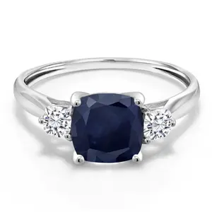 Gem Stone King 10K White Gold Blue Sapphire and White Moissanite 3-Stone Engagement Ring For Women | 2.26 Cttw | Cushion 7MM | Gemstone Birthstone | Wedding Engagement Anniversary Ring For Women