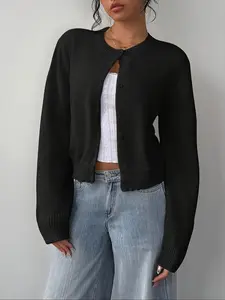 Women's Y2K Fashion Knit Sweater Jacket, Long Sleeve Fitted Casual Outerwear, Spring Fall Winter Essential, Plain Color Button Design