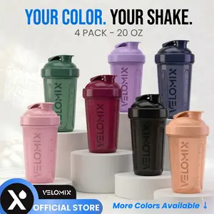 VELOMIX 20 Oz 4-Pack Leak-Proof Protein Shaker Bottles - BPA-Free, Dishwasher-Safe, Secure Twist Lid, Removable Mixing Ball for Protein Mixes, Workout Gym Sports Water Bottles