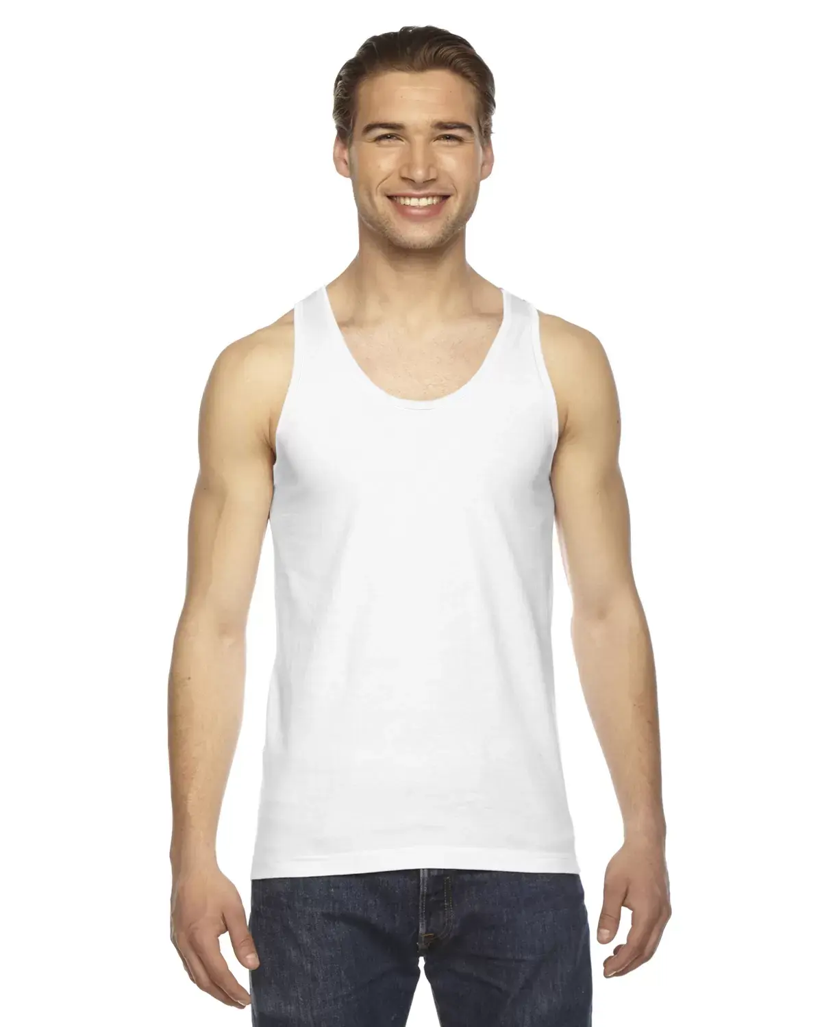 American Apparel 2408W Unisex Fine Jersey Tank, Double-Hemmed, Multi-Size, Self-Fabric Trim, Solid Colors, Sleeveless Plain Cotton Menswear Top