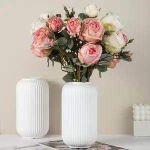 White imitation ceramic vase, high-end light luxury striped living room ornament, water storage plastic vase