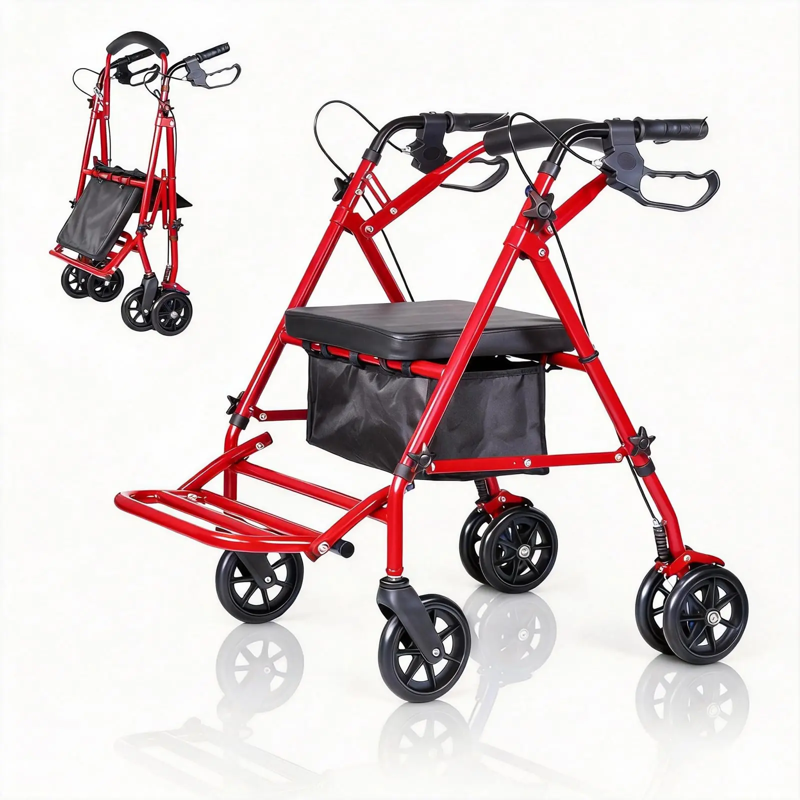 2 in 1 Rollator Walkers with Seat and Foot Pedal, Lightweight Wheelchair Foldable with 6" Wheels, Transport Wheelchair with Adjustable Height & Underseat Storage for Seniors